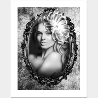 Black and white digital artwork flower and frame Posters and Art